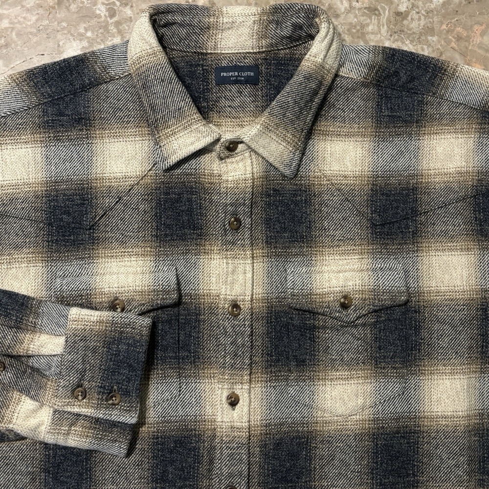 Proper Cloth Shirt Mens 19.5 37.5 Japanese Low Twist Ombre Plaid Long Sleeve
